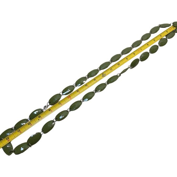 Vintage Olive Green Beaded Necklace Faceted Oval Beads Silver Tone Long 44 Inch - Picture 3 of 8